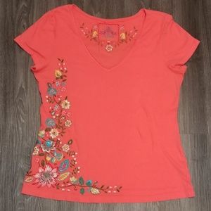 Johnny Was JWLA TShirt Coral Pink Stitched Flowers